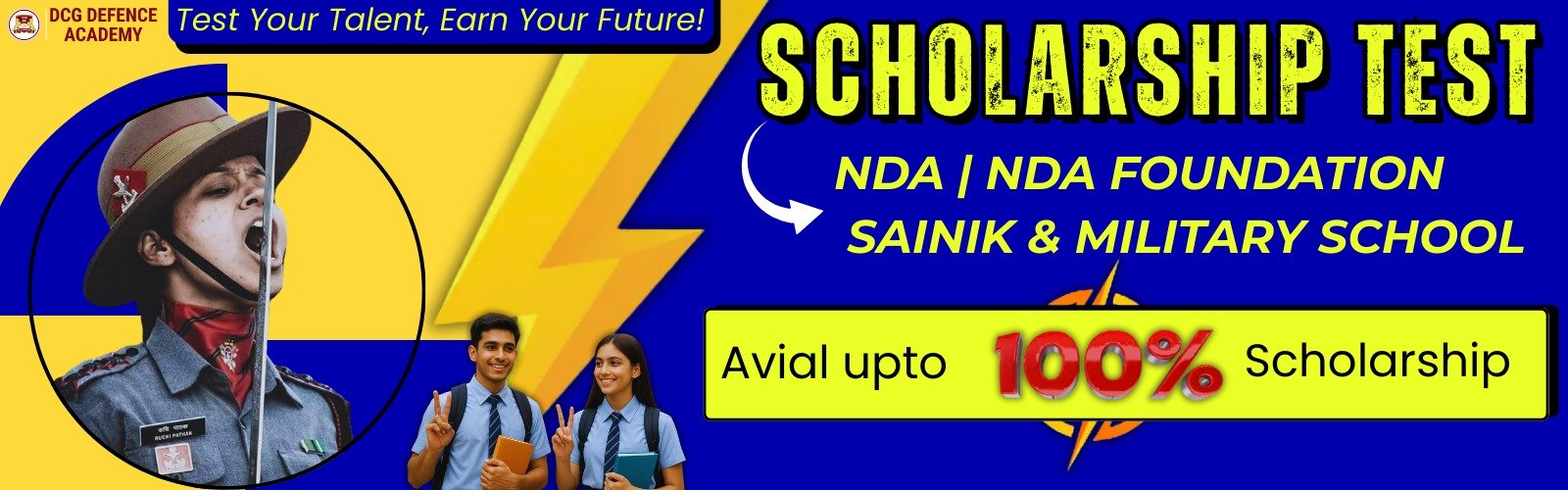 NDA scholarship test poster with students and cadet image